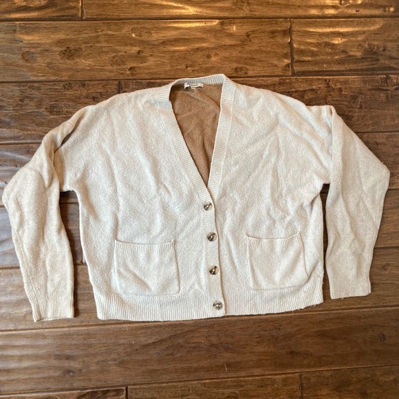 Madewell Cream Color-Block Button Cardigan Large Sweater V-neck Relaxed Fit - Picture 3 of 11